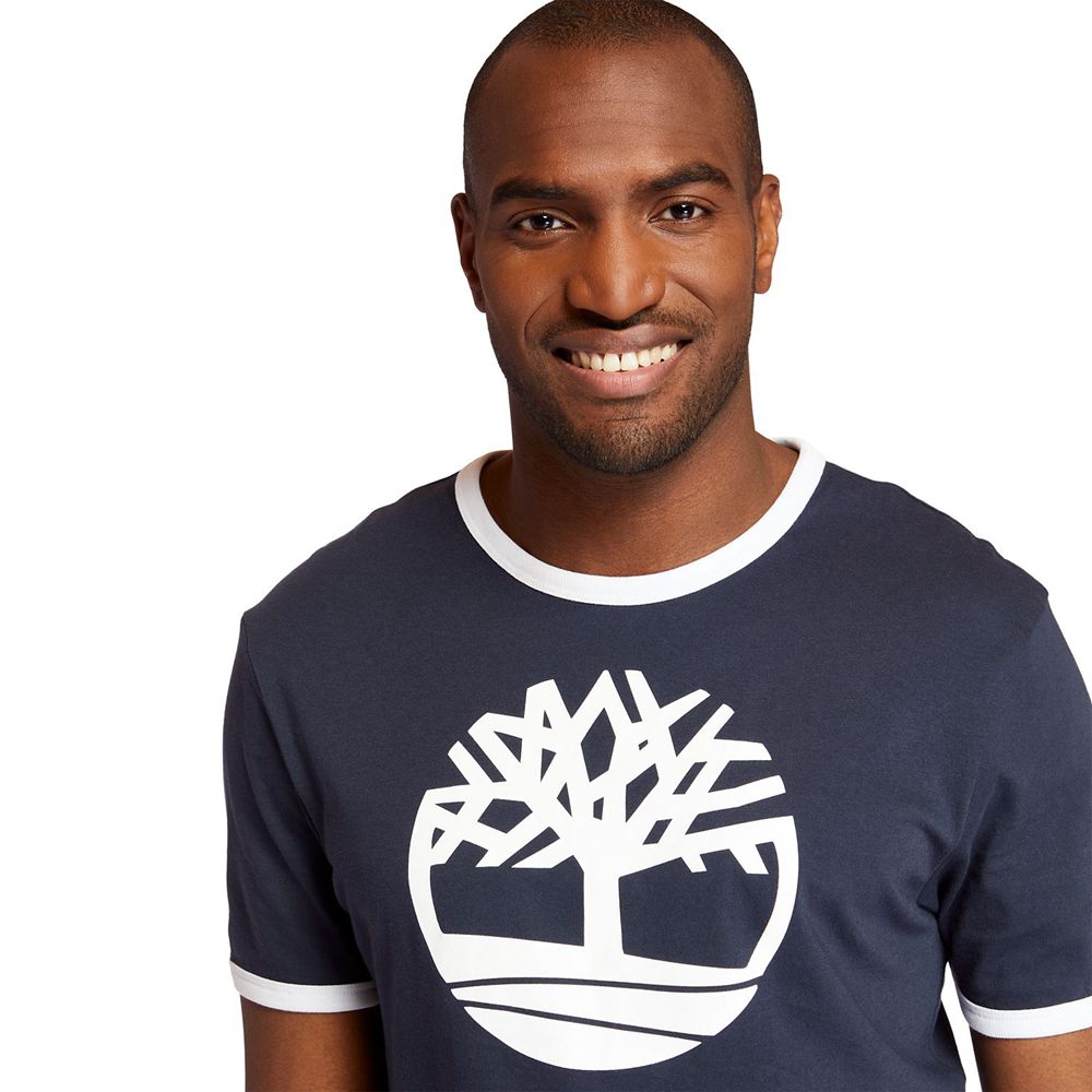 Timberland Mens T-Shirts Tree Logo Ringer - Navy - India UM8024576